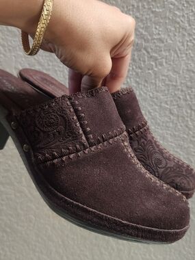 Sonoma Juliette Brown Suede Boho Patchwork Clogs, Slip-On Womens Sz 7.5